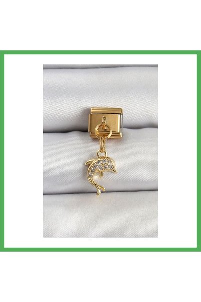 Nur store Çanta 316L Steel Dangle Zircon Stone Dolphin Model Gold Color Nomin...