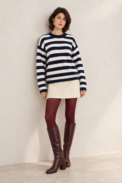 KAZAK Oversize Soft Textured Crew Neck Striped