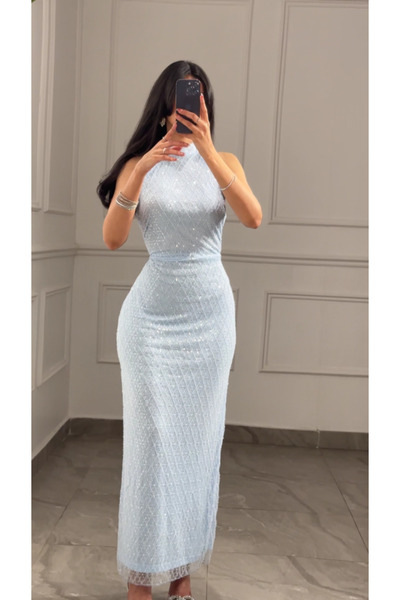 it's Mine Sky Blue Geometric Patterned Evening Dress