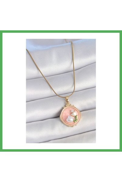 Nur store Çanta 316L Steel Gold Color Chain with Pink Enamel and Pearl Flower...