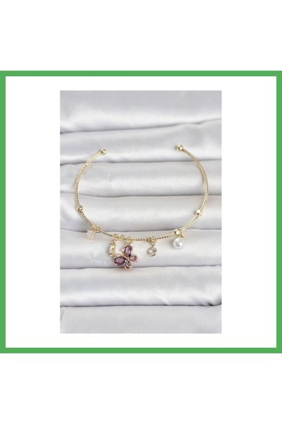 Nur store Çanta Brass Gold Color Purple Butterfly Detailed Charm Women's Brac...
