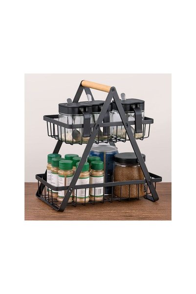Jumbo Raft Metalic cu 2 Nivele Negre & Maner din Lemn 22x14x26cm