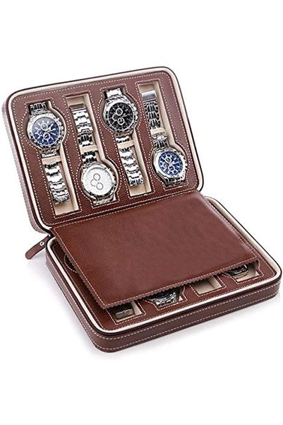 2 Brothers علبة تخزين وتنظيم الساعات للسفر، صندوق محمول بـ 8 فتحات لتخزين الس...