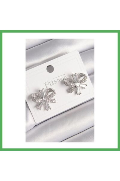 Nur store Çanta Brass Silver Color Zircon Stone Bow Model Women's Earrings Be...