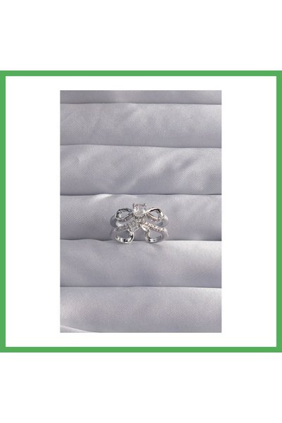Nur store Çanta Silver-Tone Zircon Stone Ring Set with Adjustable Band and Bo...