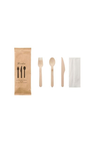 Jumbo Kit cu Tacamuri din Lemn cu Furculita Cutit Lingura si Servetel - 8buc