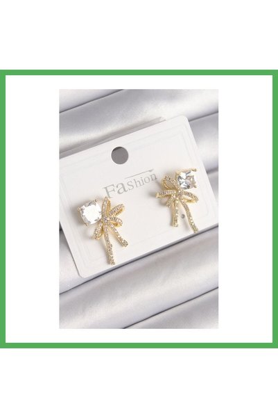 Nur store Çanta Brass Gold Color Zircon Stone Ribbon Model Women's Earrings B...