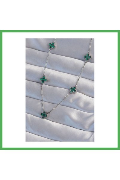Nur store Çanta 316L Steel Silver Color Minimal Green Enamel Clover Necklace ...