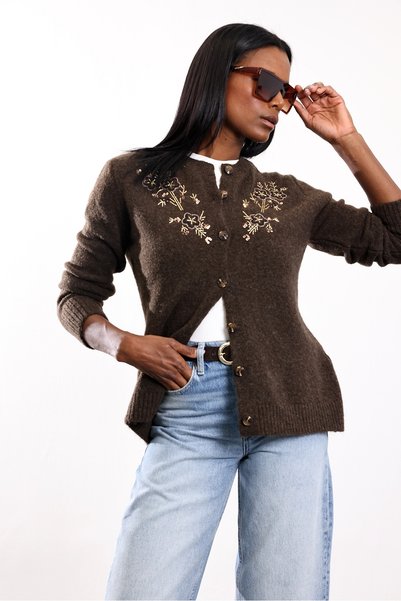 5in1Canpolat Brown Beaded and Sequin Embroidered Cardigan 7892