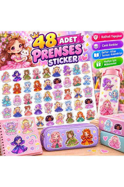 48 Adet Prenses Sticker Seti – Renkli Kawaii Prenses Çıkartmaları | A4 Premium