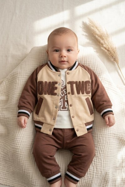 Babydonat Baby Brown College Jacket 3-Piece Set - Embroidered Cotton Joggers ...