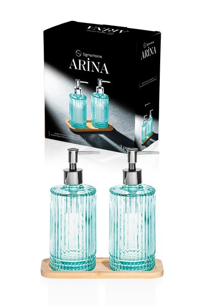 Sigma Home Arina - Set of 2 Glass Liquid Soap Dispensers with Wooden Stand, T...