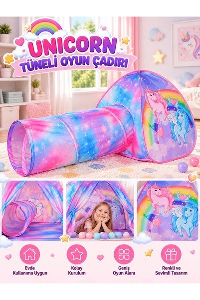 BYCEGU Unicorn Desenli Tünelli Çocuk Oyun Çadırı – Renkli Çadır ve Oyun Tünel...