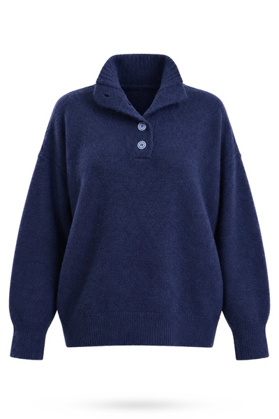 5in1Canpolat Navy Blue Stand Collar Buttoned Sweater 251361