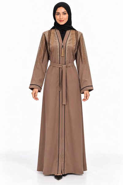 MOHAMED ZAHABI Triangle Embroidery and Belt Abaya |   Triangular Embroidered ...