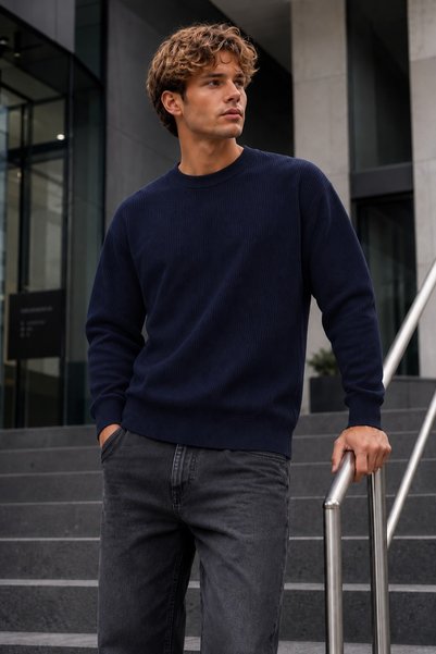 DAMGA JEANS Men's Casual Crew Neck Ribbed Long Sleeve Navy Blue Sweater