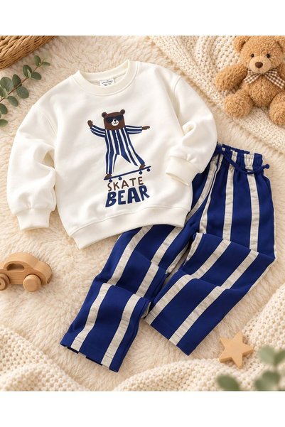 Lolliboomkids Boy's Skate Bear Navy Blue Cream Striped Top and Bottom Set