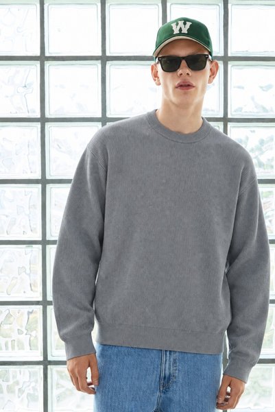 DAMGA JEANS Men's Crew Neck Ribbed Oversize Anthracite Sweater