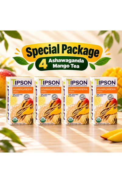 Tipson تيبسون شاي أشواغاندا بالمانجو عبوة 4 علب (100 كيس مغلف) شاي أعشاب معتم...