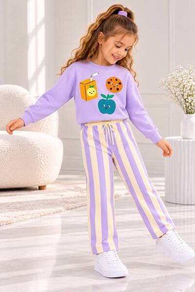 YİGİT BUTİK Girl's Fruit Printed Striped Wide Leg 3 Threaded Threaded Sweatpa...