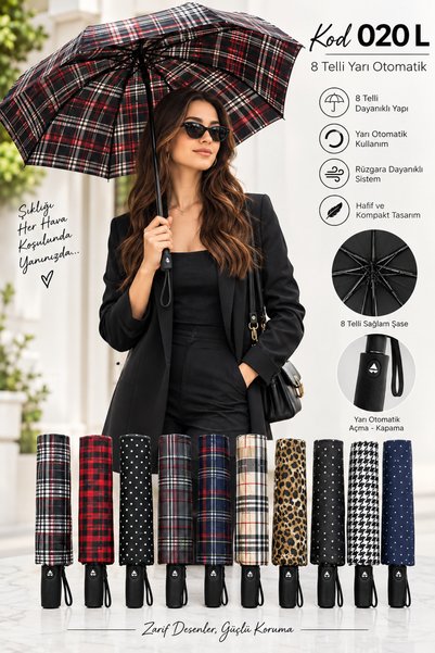 Rainwalker 8 Telli Yarı Otomatik Katlanır Kadın Şemsiye Desenli