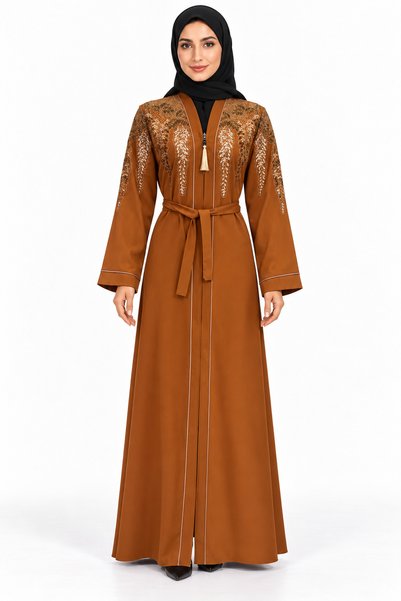 MOHAMED ZAHABI Abaya with Branch Embroidery and Belt |   Botanical Embroidere...