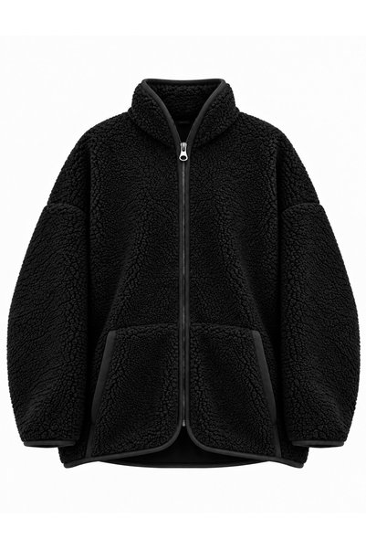 HIMMELDUF Kadın Dik Yaka Biyeli Fermuarlı Teddy Peluş Ceket
