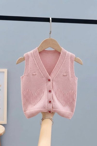 AyCaTa Kız Bebek Desenli Düğmeli Triko Yelek Pembe
