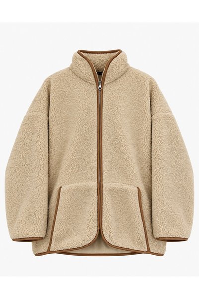 HIMMELDUF Kadın Dik Yaka Biyeli Fermuarlı Teddy Peluş Ceket