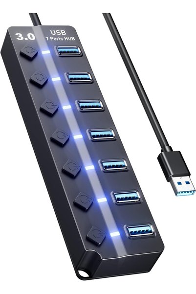 ZORBES موزع USB 3.0، موزع USB محمول بـ 7 منافذ مع مفاتيح تشغيل/إيقاف فردية، ن...