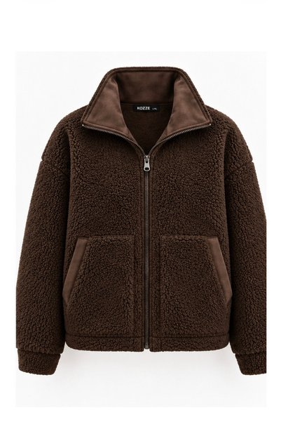 HIMMELDUF Unisexs Süet Yaka Detaylı Fermuarlı Teddy Peluş Ceket