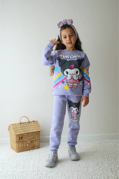 ARBİ kids Girl's kuromi purple three-thread fleece-lined winter soft set.
