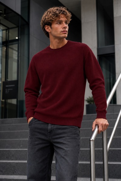 DAMGA JEANS Men's Casual Crew Neck Ribbed Long Sleeve Claret Red Sweater