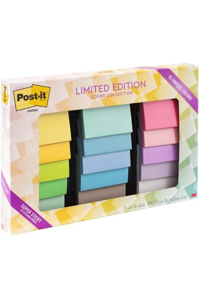 Post-it مجموعة ملاحظات ملونة فائقة الالتصاق، إصدار محدود، مقاس 3×3 بوصة، 15 د...