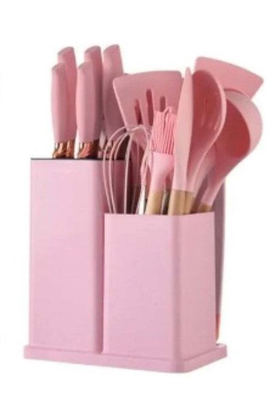 Generic Huitich Kitchen Set: 19-Piece Pink Silicone Utensils with Knife, Cutt...