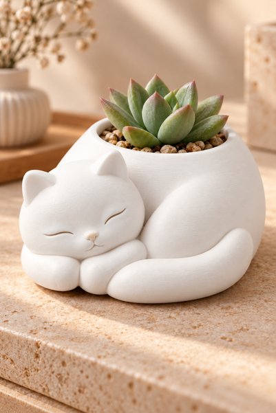 ceatly Uyuyan Kedi Figürlü Dekoratif Mini Saksı Beyaz – Sevimli Kedi Tasarıml...
