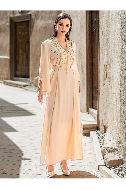 BEAUTY AMINAH Beige Embellished V-Neck Maxi Dress