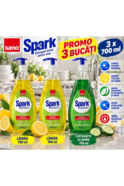 Spark Πακέτο Προσφοράς 3 Τεμάχια Υγρό Απορρυπαντικό Πιάτων Sano, 2 x Λεμόνι +...