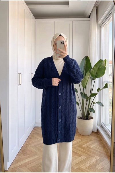 Kirazca Butik Cream V-Neck Buttoned Knitted Cardigan, Long Sleeve, Comfortabl...