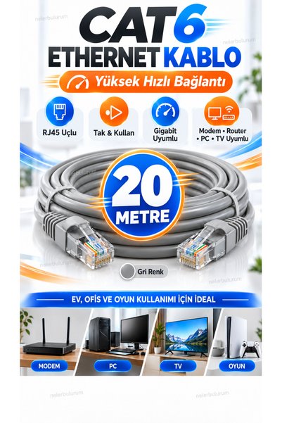 nelerbulurum 20 Meters Cat6 High-Speed Gigabit Ethernet Internet Cable Rj45 E...