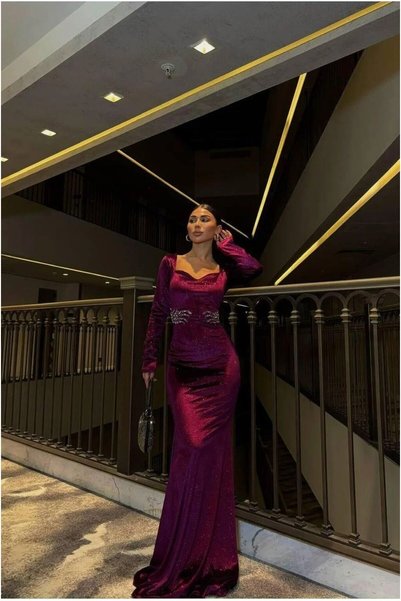 BŞK VİRGO Velvet Fabric Stone Evening Dress with Collar Detail · Color: Saks ...