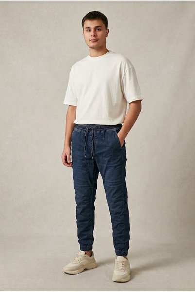The Velavois Erkek Beli Lastikli ve Bağcıklı Paçası Büzgülü Jogger Denim Kot ...