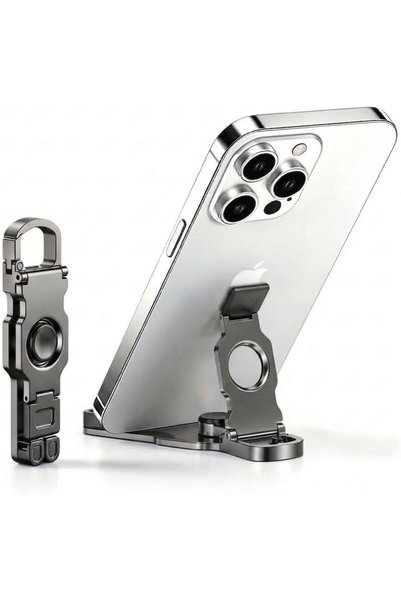 Generic Foldable Rotating Phone Holder with Carabiner and Hand Spinner Grey