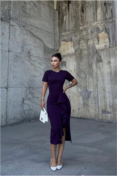 BŞK VİRGO Crepe Fabric Evening Dress Crew Neck Dress with Slits · Color: Saks...