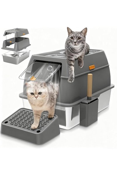 OASISGALORE Extra Large Stainless Steel Cat Litter Box صندوق فضلات قطط with L...