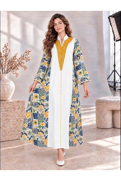 White colour جلابية بهاء الأصالة بتطريز فاخر ونقشة زهرية