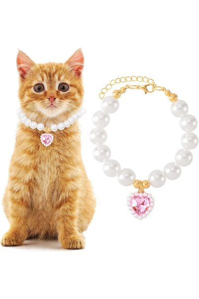 Paporich Pearl Collar for Cat Puppy, Small Cute Heart Shape Rhinestone Pet Ne...