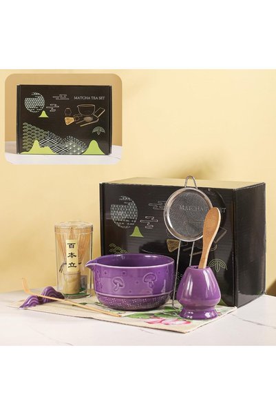 SYOSI Matcha Tea Set, 8-Piece Ceramic Chawan & Bamboo Whisk Kit, Mushroom Pat...