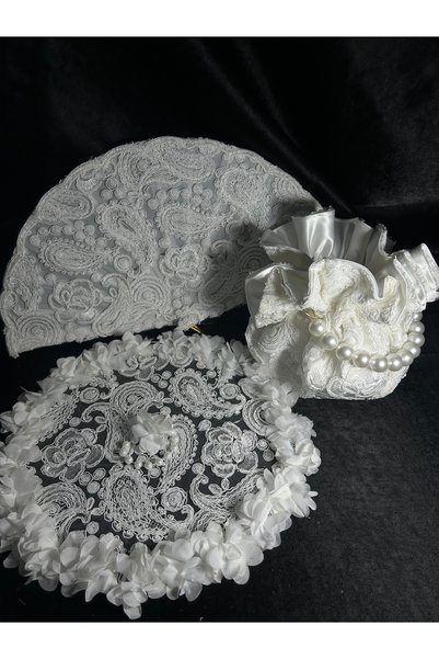 Bridal Luxe مجموعة العروس من الدانتيل العتيق، حقيبة العروس، مظلة العروس، ومند...