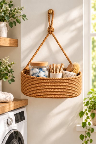 evdeucuz Bathroom Organizer Wicker Jute Basket with Rope Hanger